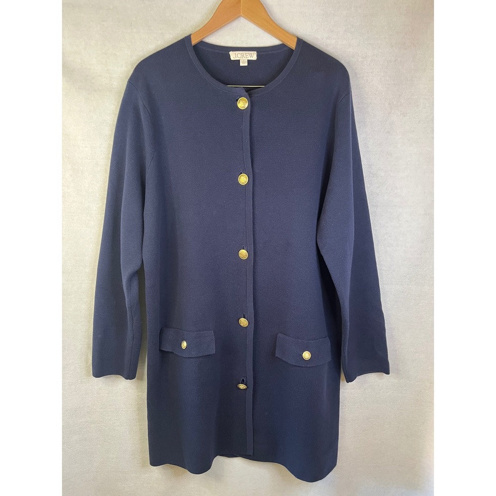 J CREW Long Giselle Sweater Blazer Cotton Navy Blue Gold Buttons Sz L NWOT